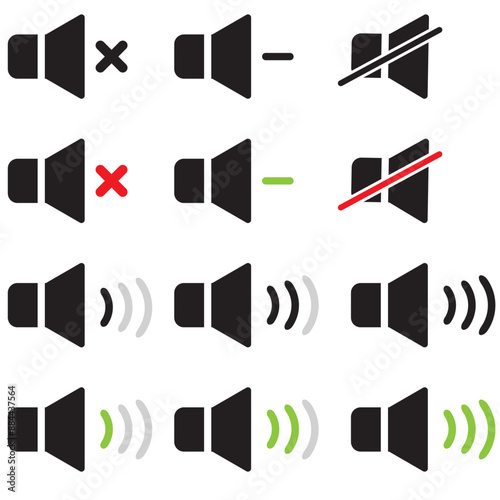 Set of volume control icons, audio sound indicators on a white background