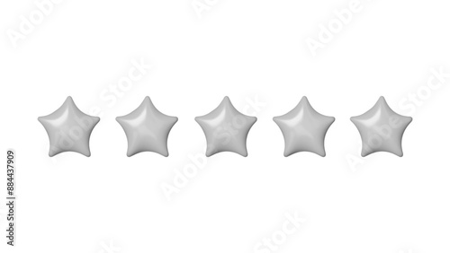 3D Five stars, glossy gray colors. Customer rating feedback concept. Realistic design elements in plastic cartoon style isolated on white background. Vector illustration