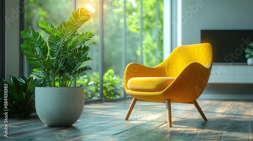 Modern living room with yellow chair - generative ai photo