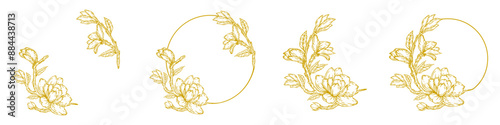 Luxury gold botanical wedding frame elements. Set of round shapes, magnolia flowers, magnolia leaves and branches. Elegant foliage design for wedding, cards, invitations, congratulations