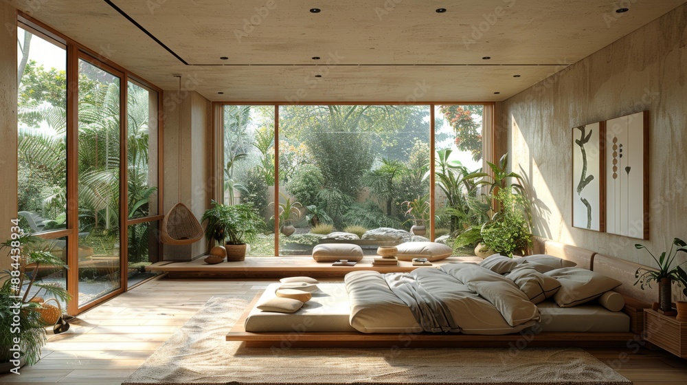 Tranquil bedroom with garden view - generative ai Tranquil bedroom with garden view - generative ai