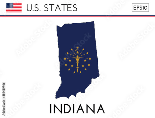 Indiana USA state map shape with flag. Map of Indiana in the Indiana flag colors. Outline map filled with its flag colors. Vector illustration. photo