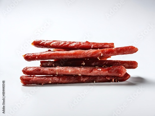Stack of dried beef sticks on white background