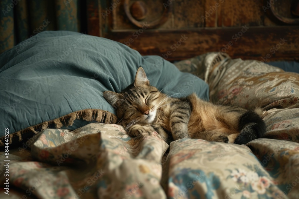 Serene tabby cat sleeps soundly amid plush pillows and a vintage floral blanket