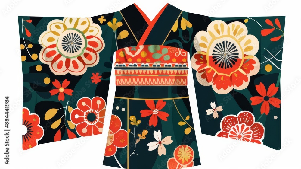 Fototapeta premium A icon illustration of a kimono, clothing item, traditional style, vibrant patterns, isolated on white background