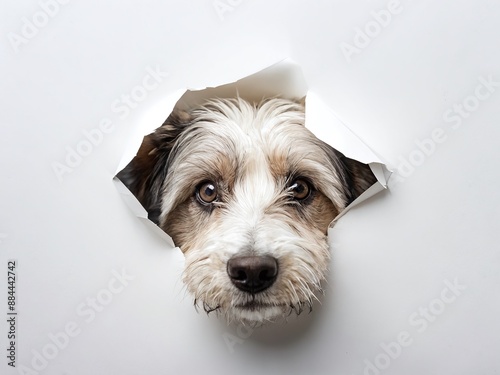 White dog peeking through torn paper photo