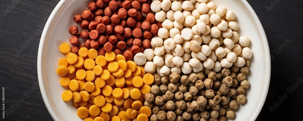 Colorful dry dog food pellets on white plate