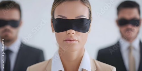 Business professionals blindfolded symbolizing blind trust or lack of vision in business. Concept Blindfolded Business Professionals, Trust Symbolism, Lack of Vision in Business