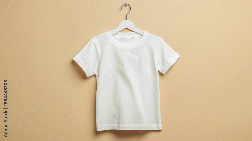 High-Resolution Studio Shot of a White Smooth Kid's T-Shirt on a Hanger for Fashion Mockup Purposes High-Resolution Studio Shot of a White Smooth Kid's T-Shirt on a Hanger for Fashion Mockup Purposes