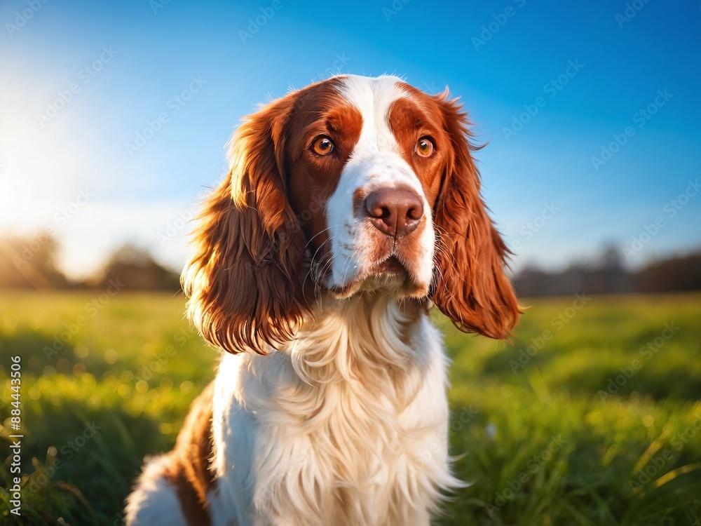 A close up of a brown and white springer spaniel sitting in a field of green grass on a sunny day A close up of a brown and white springer spaniel sitting in a field of green grass on a sunny day