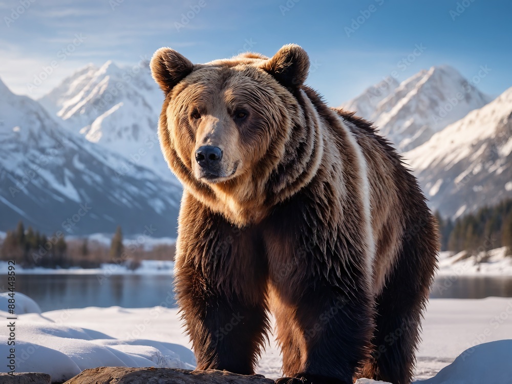 Grizzly bear standing in snowy mountain landscape Grizzly bear standing in snowy mountain landscape