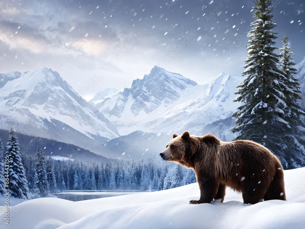 Brown bear standing on snow in snowy mountain range during winter Brown bear standing on snow in snowy mountain range during winter