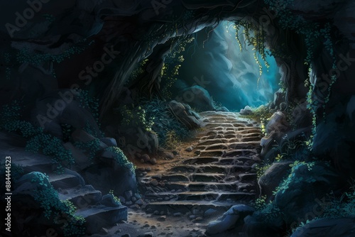 The enchanted forest cave entrance with stone steps. Lush greenery. And mystical ancient fantasy landscape, a magical nature wonderland of vines. Foliage
