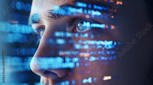 A close-up shot of a person's eye with reflections of data and code on the iris, symbolizing focus, engagement, and the human connection to technology and information. photo