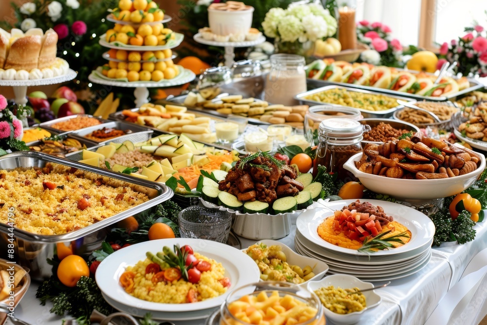 A lavish buffet spread with a variety of dishes including salads meats and desserts set up for a festive celebration in a well lit indoor setting A lavish buffet spread with a variety of dishes including salads meats and desserts set up for a festive celebration in a well lit indoor setting