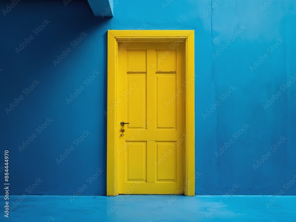 A yellow door against a blue wall in a room A yellow door against a blue wall in a room