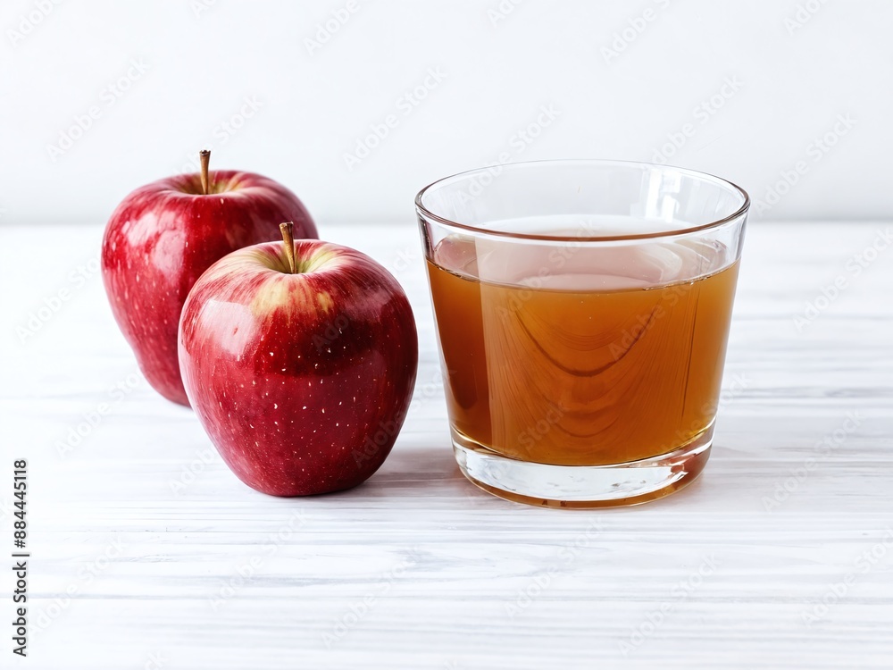 Fresh red apples and a glass of apple juice on a white wooden table Fresh red apples and a glass of apple juice on a white wooden table