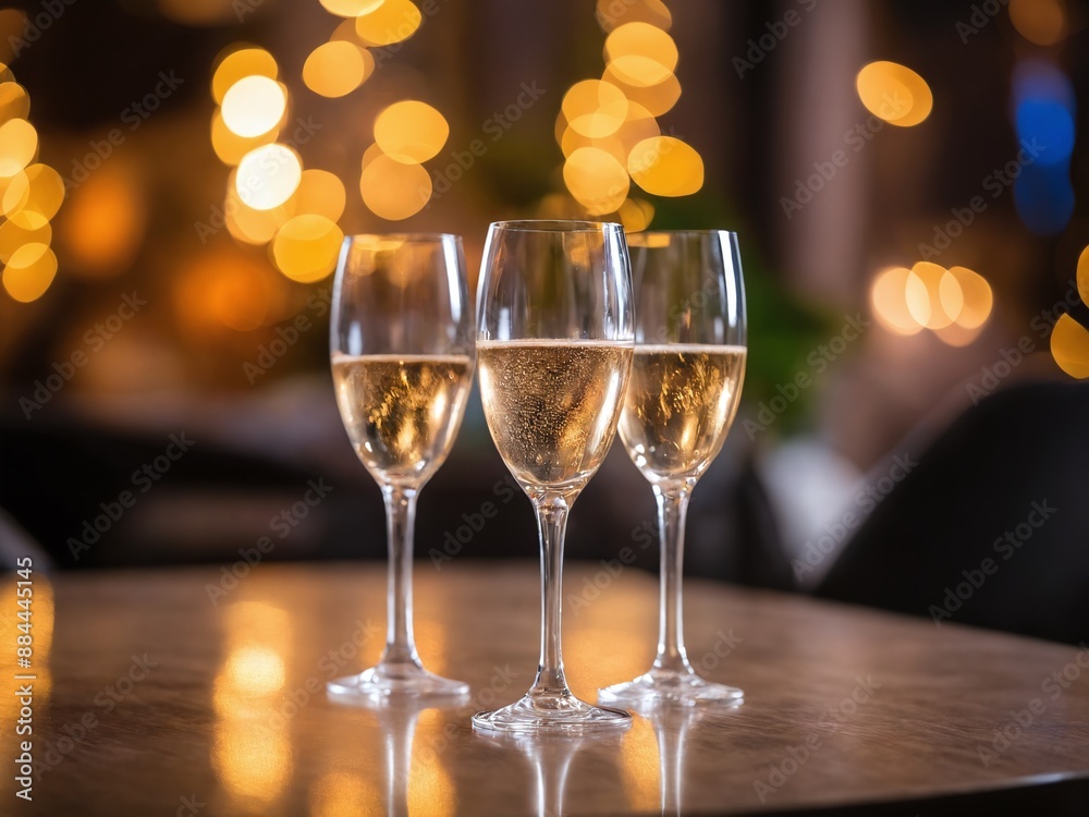Three glasses of sparkling wine on a table at night