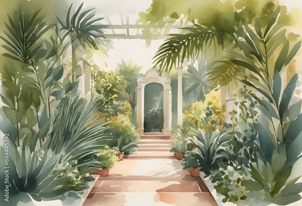 A serene watercolor painting of a garden entrance with surrounded by lush green foliage and sunlight filtering through the trees. A serene watercolor painting of a garden entrance with surrounded by lush green foliage and sunlight filtering through the trees.
