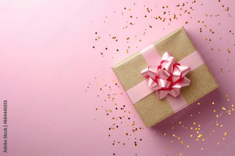 Pink gift box with golden ribbon and bow on pink background Pink gift box with golden ribbon and bow on pink background