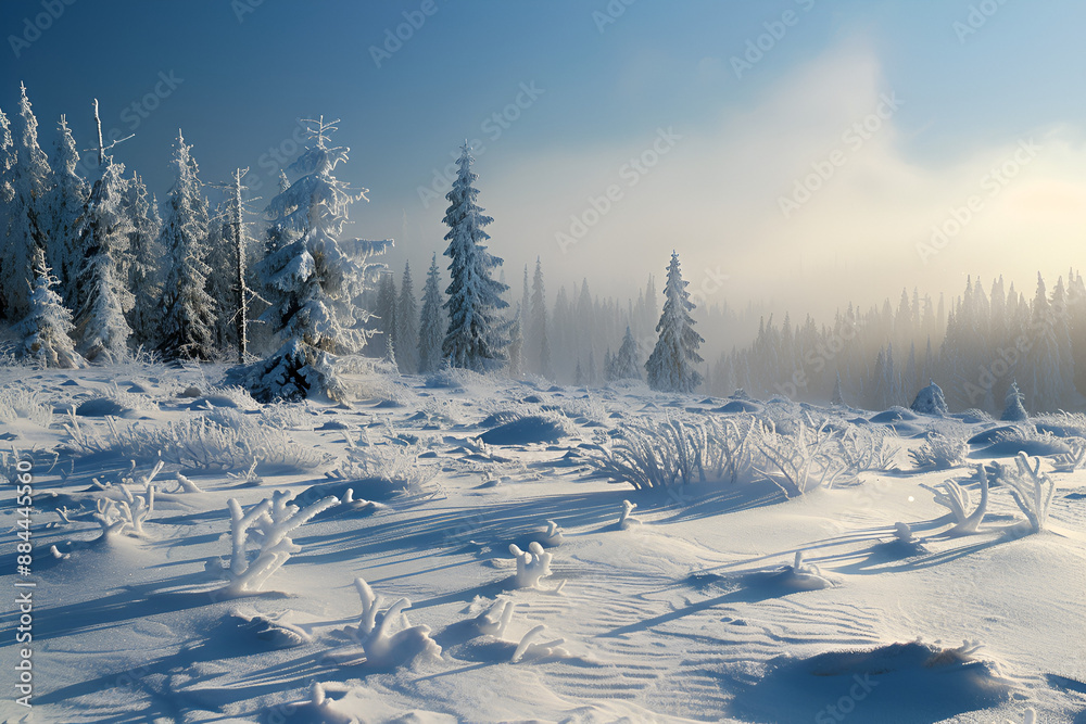 Fototapeta premium Winter forest, snow covered field with long shadows from pine trees in the morning light, Generative AI