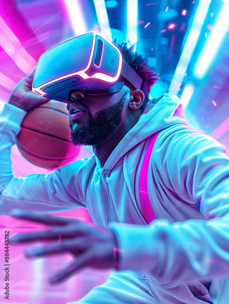 A humorous scene of a basketball player in a quirky outfit, fully engaged in a virtual reality game, surrounded by a dazzling array of neon lights and cyber space elements. A humorous scene of a basketball player in a quirky outfit, fully engaged in a virtual reality game, surrounded by a dazzling array of neon lights and cyber space elements.