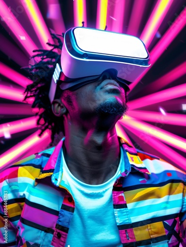 A basketball player wearing a funny shirt with vibrant patterns, standing with VR goggles on, immersed in a 3D cyber space game with a futuristic neon colorful background. photo