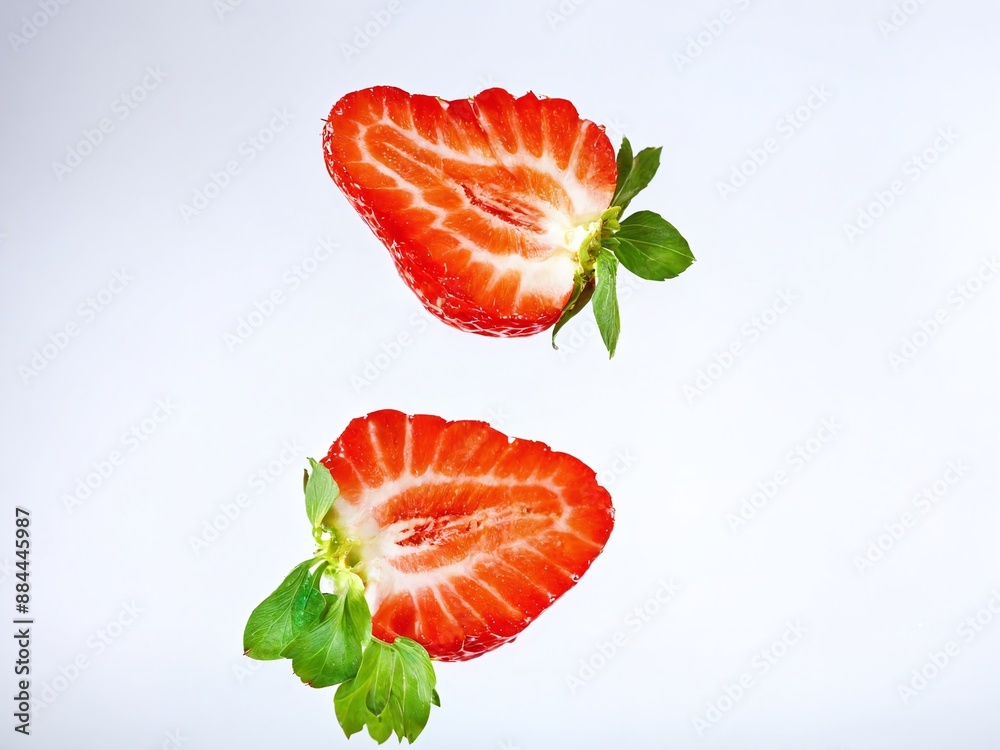 Two sliced strawberries falling against a white background Two sliced strawberries falling against a white background
