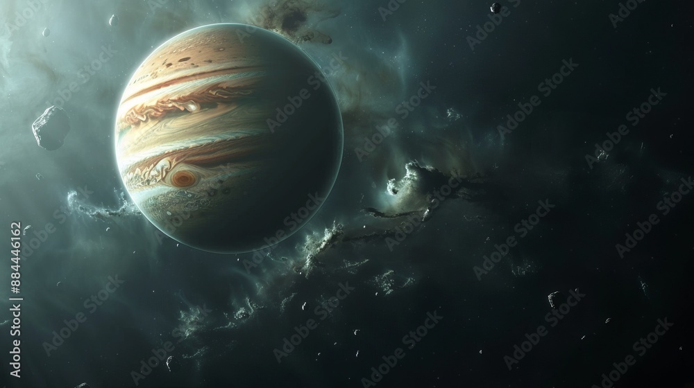 A detailed view of Jupiter floating in the depths of space, surrounded by ethereal, nebula clouds and small floating asteroids, highlighting its massive size and colorful bands. A detailed view of Jupiter floating in the depths of space, surrounded by ethereal, nebula clouds and small floating asteroids, highlighting its massive size and colorful bands.