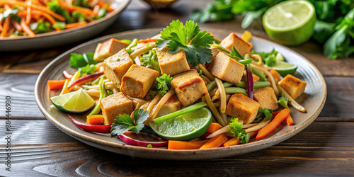 Vibrant vegan Gado-Gado salad featuring steamed vegetables, crispy fried tofu, and creamy peanut sauce, garnished with fresh cilantro and lime wedges on a modern plate. photo