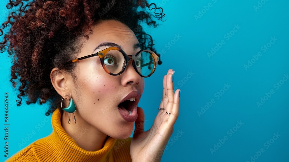 Obraz premium A person with curly hair and glasses wearing a yellow turtleneck gazes thoughtfully with their hand gently against their face, set against a vibrant blue backdrop.