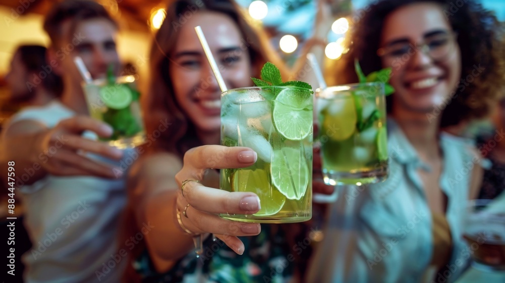 Joyful Friends Celebrating with Mojitos at a Restaurant Cocktail Bar