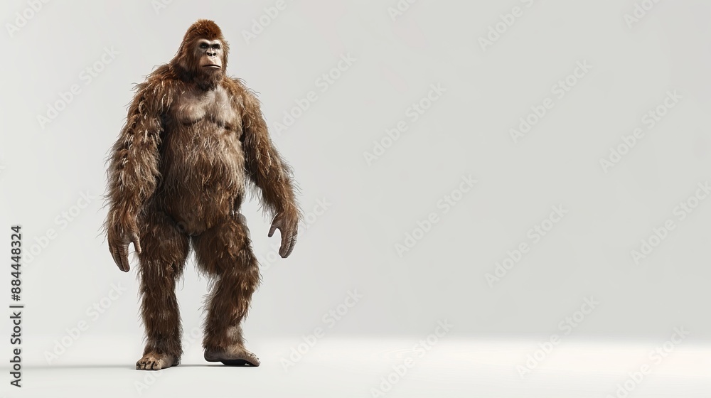 A furry, human-like creature with long arms and legs stands solitary in an otherwise empty and minimalist room, showcasing its hairy appearance prominently. A furry, human-like creature with long arms and legs stands solitary in an otherwise empty and minimalist room, showcasing its hairy appearance prominently.