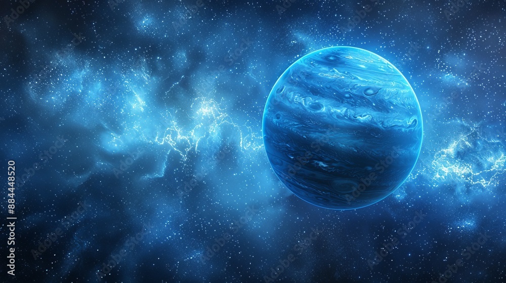 Fototapeta premium This image showcases a vast blue planet adorned with streaks and swirls, all set within a starry cosmic background, highlighting the beauty and mystery of space.