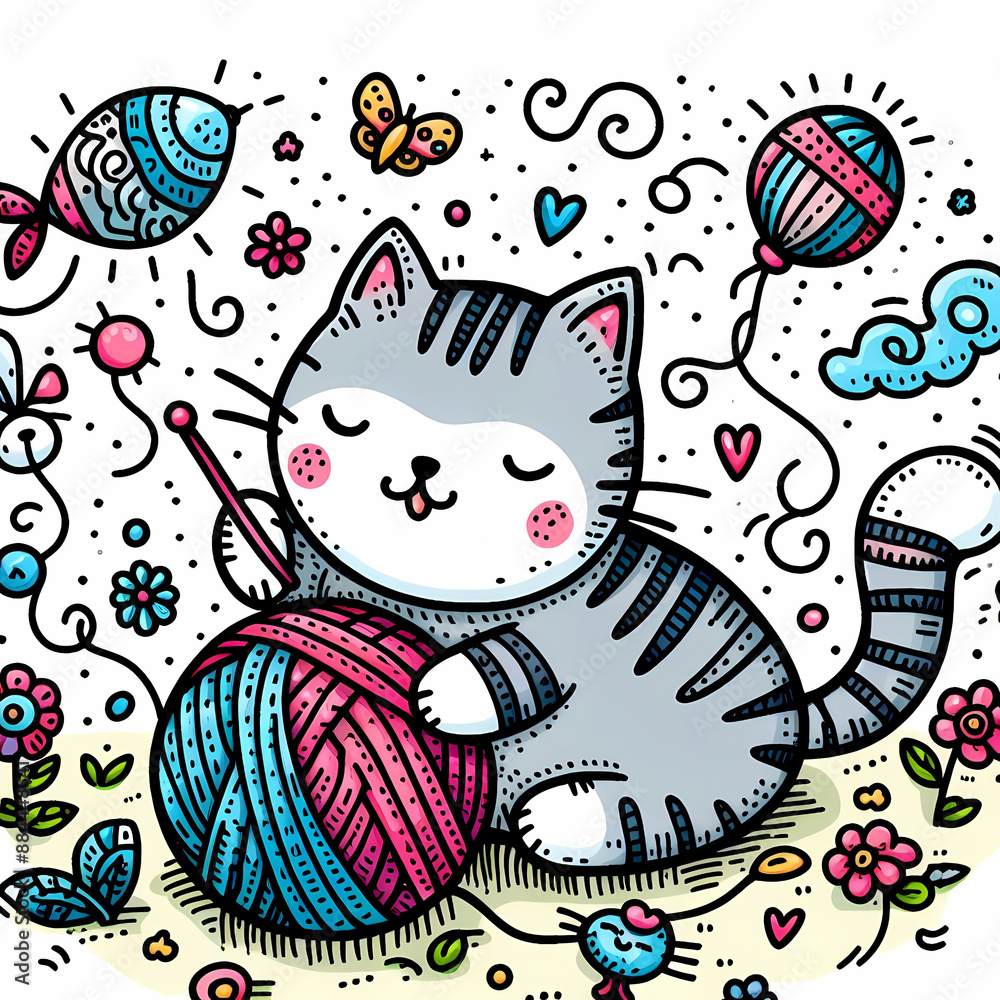 Fototapeta premium Doodle Art Cartoon of a Cat Playing with a Yarn