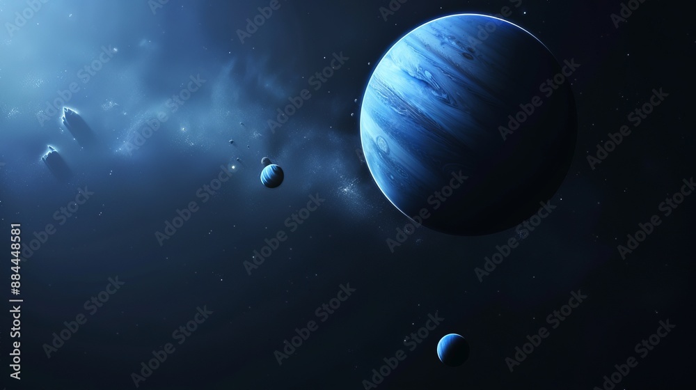 This image displays a large blue planet accompanied by smaller moons, all set within the dark expanse of deep space, presenting a captivating and serene cosmic scene. This image displays a large blue planet accompanied by smaller moons, all set within the dark expanse of deep space, presenting a captivating and serene cosmic scene.