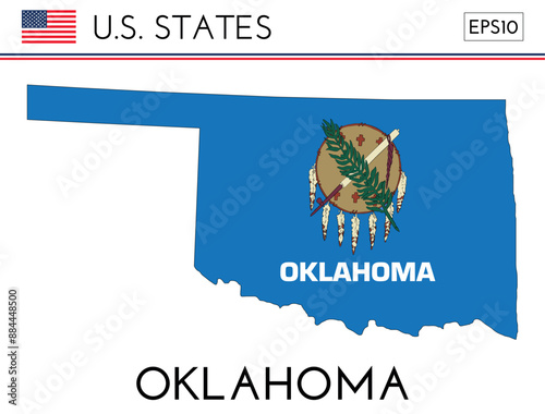 Oklahoma USA state map shape with flag. Map of Oklahoma in the Oklahoma flag colors. Outline map filled with its flag colors. Vector illustration.