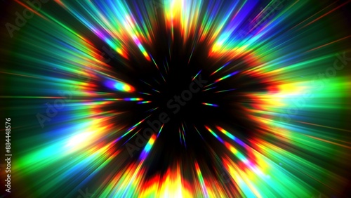 Portal for hyperspace jump at the speed of light. Colorful glowing light rays inside the infinite tunnel. Time warp. Traveling in space. Big bang. Abstract rainbow refraction background. 3d render