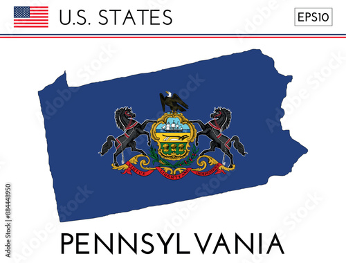 Pennsylvania USA state map shape with flag. Map of Pennsylvania in the Pennsylvania flag colors. Outline map filled with its flag colors. Vector illustration.