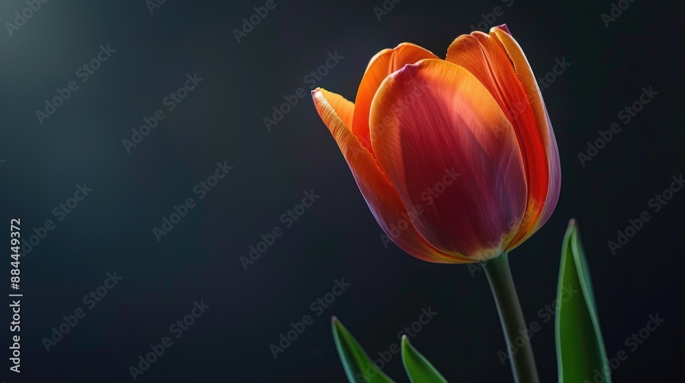 Bright tulip flower close up on dark backdrop