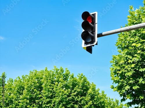 Red traffic light against blue sky and green trees