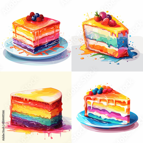 A series of four colorful cakes with different toppings and colors