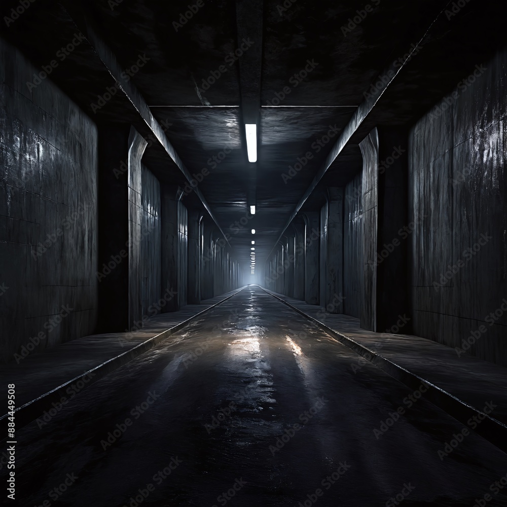 Fototapeta premium Dark and empty concrete underground tunnel with overhead lighting
