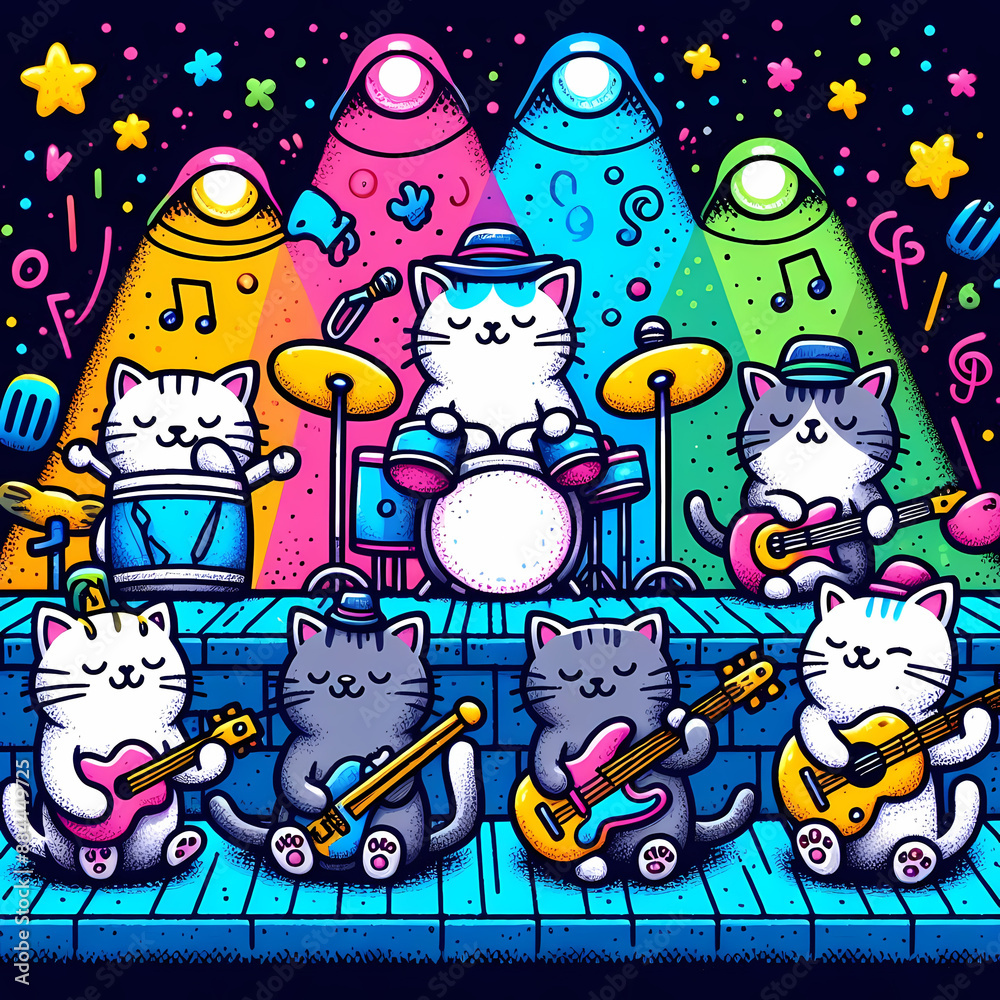Doodle art cartoon of cats playing a musical instruments
