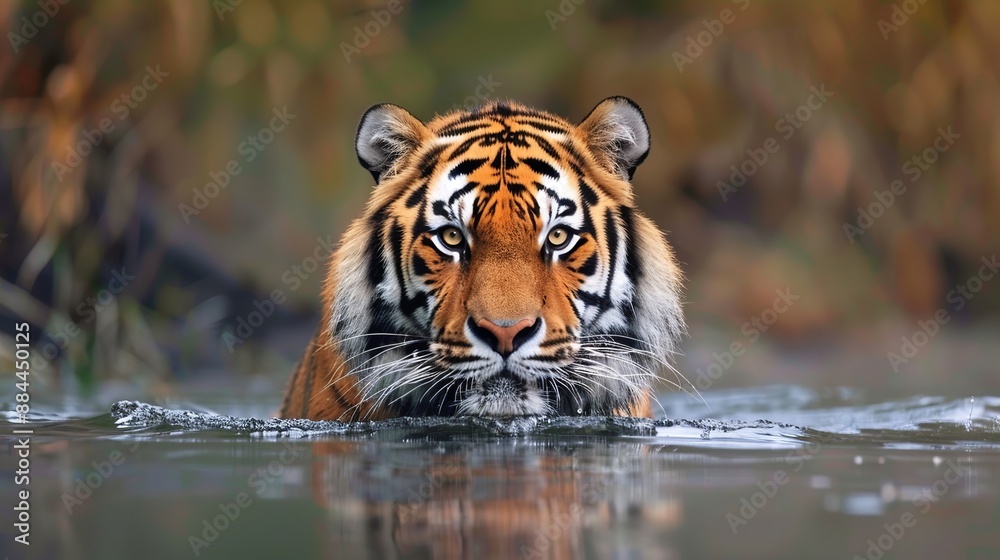 A tiger crossing a river, its intense gaze and powerful presence contrasted against the water, symbolizing strength and determination in nature. A tiger crossing a river, its intense gaze and powerful presence contrasted against the water, symbolizing strength and determination in nature.