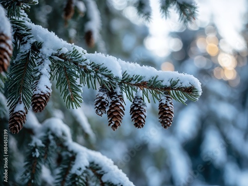 Snow covered evergreen branch with pine cones in winter forest