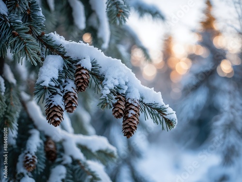 Wallpaper Mural Snow covered pine branch with cones in winter forest Torontodigital.ca
