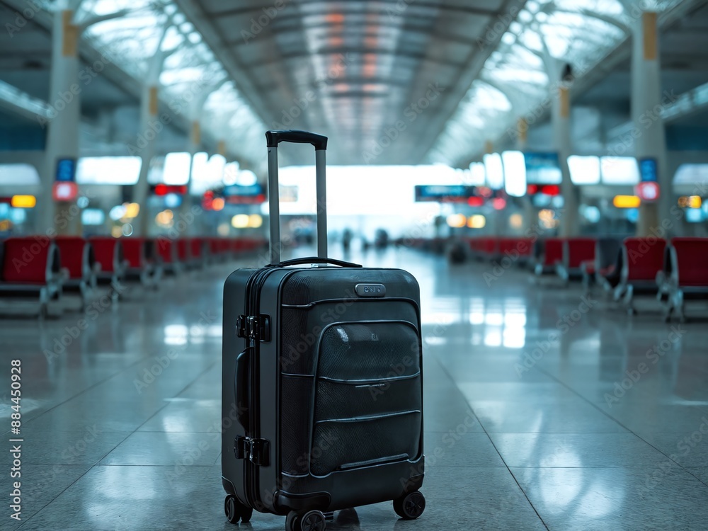 A black suitcase stands alone in an empty airport terminal A black suitcase stands alone in an empty airport terminal