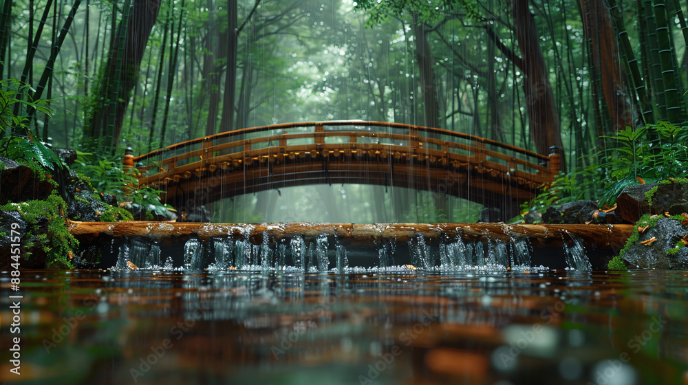 A serene bamboo forest scene with a small wooden bridge over a flowing stream, enveloped in mist, creating a tranquil and peaceful ambiance