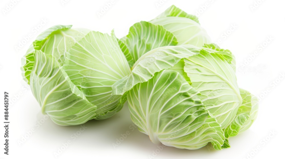 High-res image of fresh green cabbage, isolated on white, showcasing fine details and natural texture, ideal for print and digital use, focus cover all object, deep dept of field High-res image of fresh green cabbage, isolated on white, showcasing fine details and natural texture, ideal for print and digital use, focus cover all object, deep dept of field